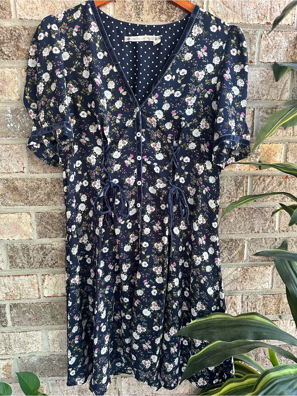 Chelsea Violet Navy Floral Button-Front Dress with elastic cinch back.